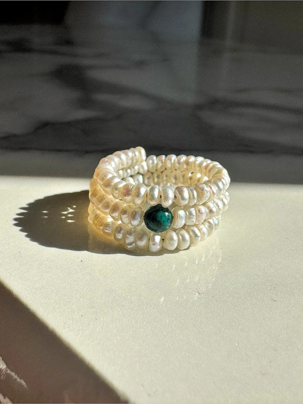 Genuine Pearl & Malachite Spiral Ring